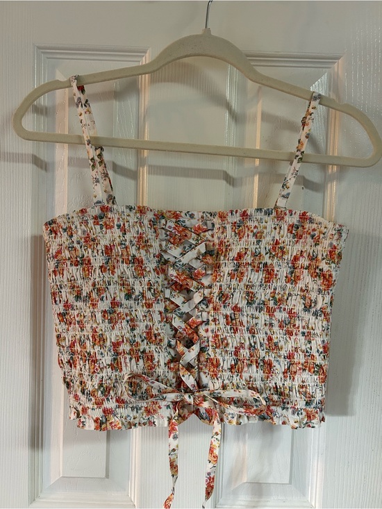 American Eagle Outfitters Tops - American Eagle Outfitters White Floral Smocked Lace-Up Crop Cami